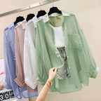Elegant Summer Sunscreen Shirt , Thin Chiffon Blouse, Korean Harajuku See-Through Loose Top for Women