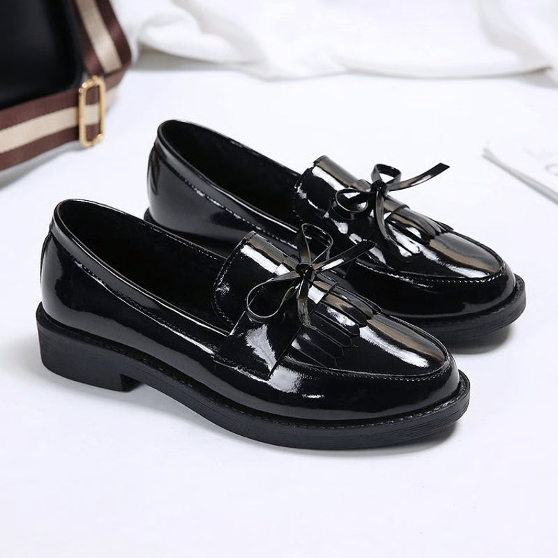 Patent Leather Womens Loafers, Stylish Tassel Flats, Comfortable Bowknot Small Leather Shoes, Casual British Female Shoe