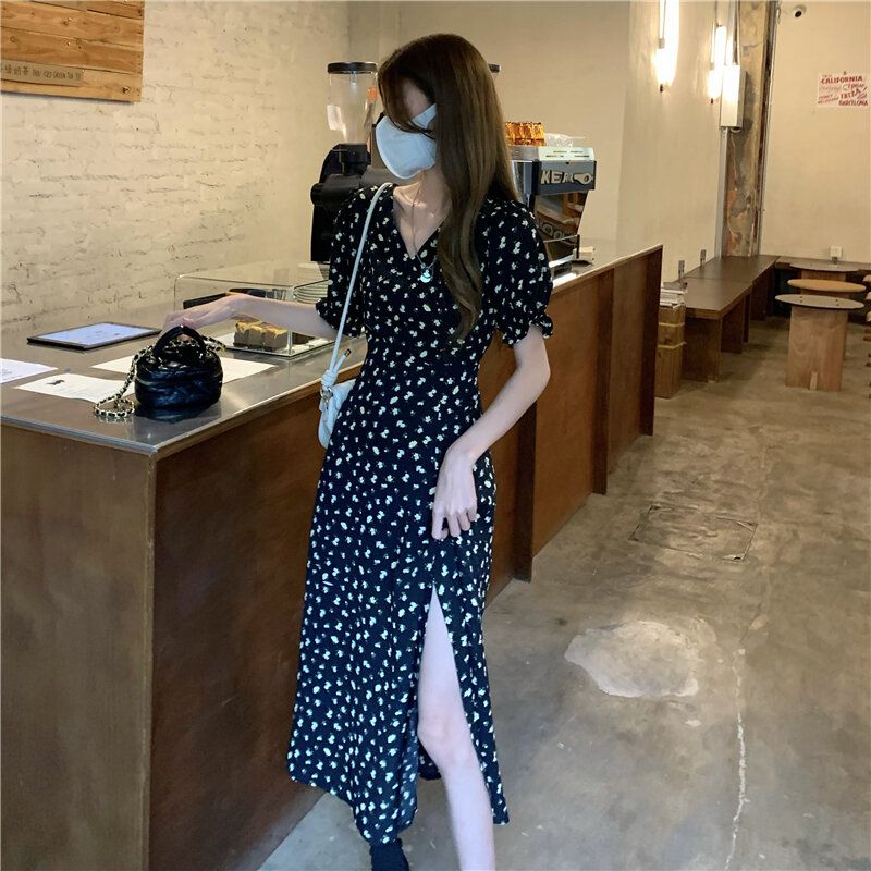 Floral Elegant Summer Dress for Women, V-Neck Side-Slit Dress, Korean Harajuku Streetwear for Holiday & Leisure Chic