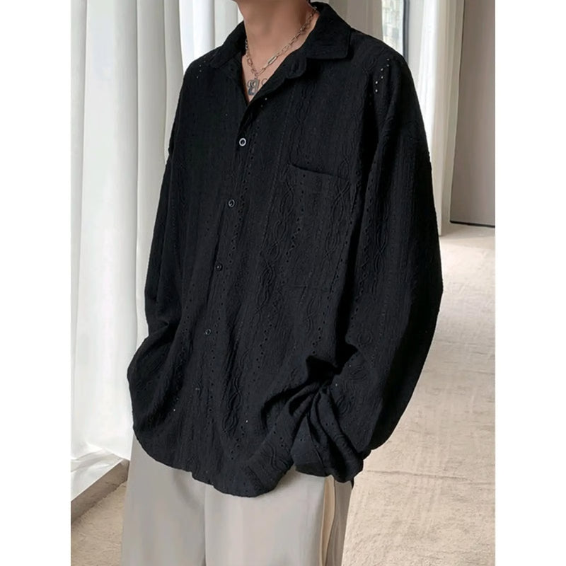 Men's Luxury Niche Shirt, Hollow Design Tweed Jacket, Trendy Loose Fit Long Sleeve Casual Vest