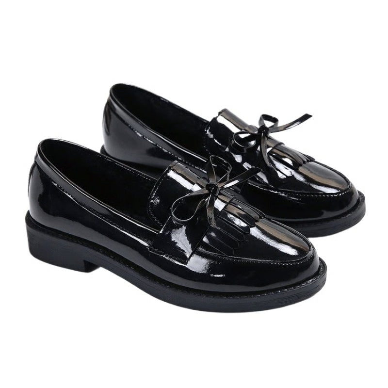 Patent Leather Womens Loafers, Stylish Tassel Flats, Comfortable Bowknot Small Leather Shoes, Casual British Female Shoe