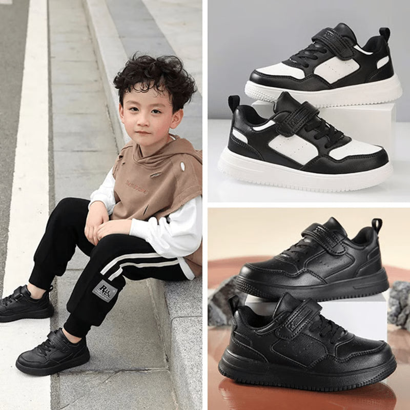 Kids Black Leather Lightweight NonSlip Sneakers
