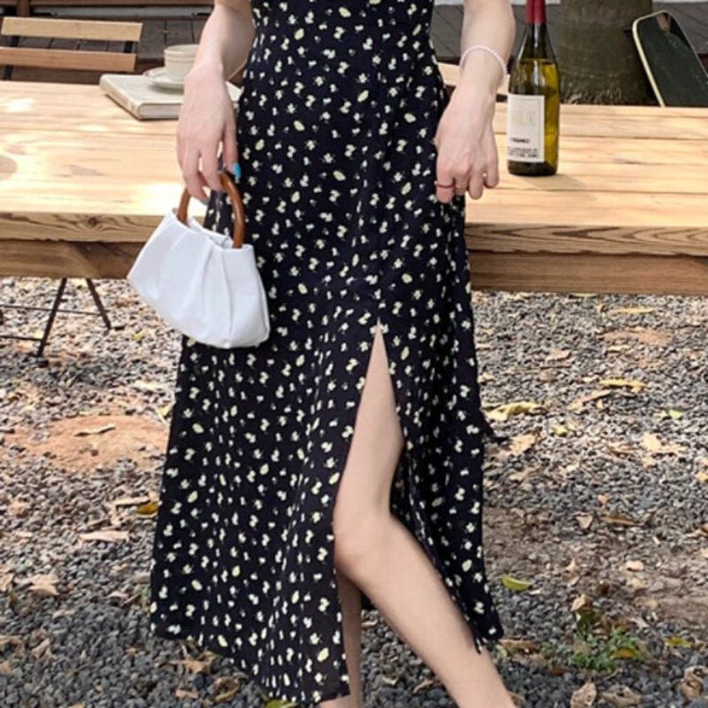 Floral Elegant Summer Dress for Women, V-Neck Side-Slit Dress, Korean Harajuku Streetwear for Holiday & Leisure Chic