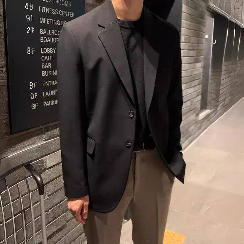 Trendy Men's Casual Blazer, Autumn Loose Fit Black Jacket, Western Style Single Breasted Dongdaemun Fashion