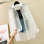 Elegant Summer Sunscreen Shirt , Thin Chiffon Blouse, Korean Harajuku See-Through Loose Top for Women