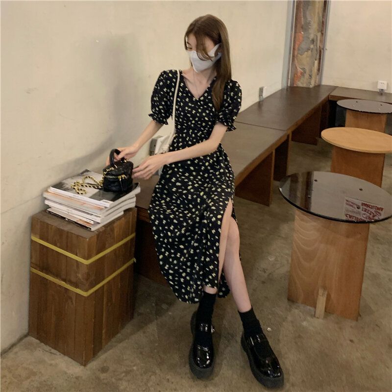 Floral Elegant Summer Dress for Women, V-Neck Side-Slit Dress, Korean Harajuku Streetwear for Holiday & Leisure Chic
