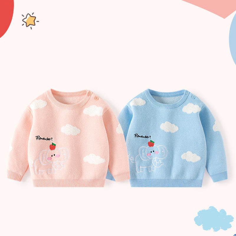 Autumn Winter Kids Sweaters Cartoon, Elephant Cloud Jacquard Pullover, Soft Toddlers Baby Tops Knitwears for Children