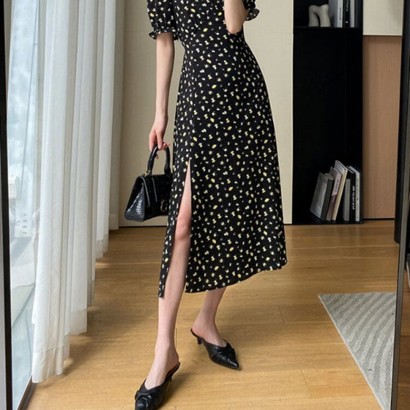 Floral Elegant Summer Dress for Women, V-Neck Side-Slit Dress, Korean Harajuku Streetwear for Holiday & Leisure Chic