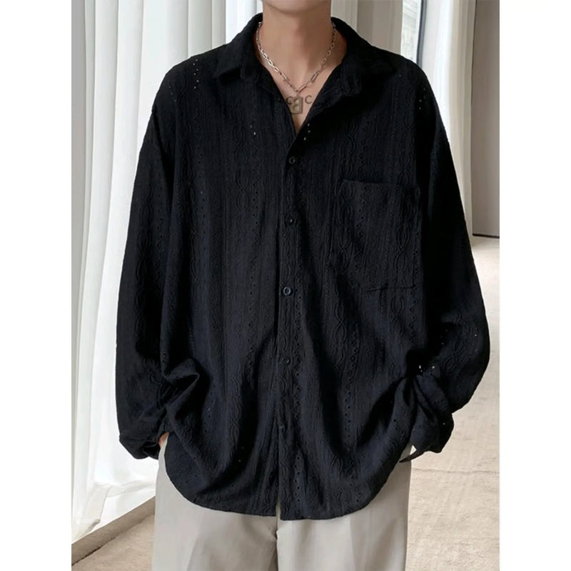 Men's Luxury Niche Shirt, Hollow Design Tweed Jacket, Trendy Loose Fit Long Sleeve Casual Vest