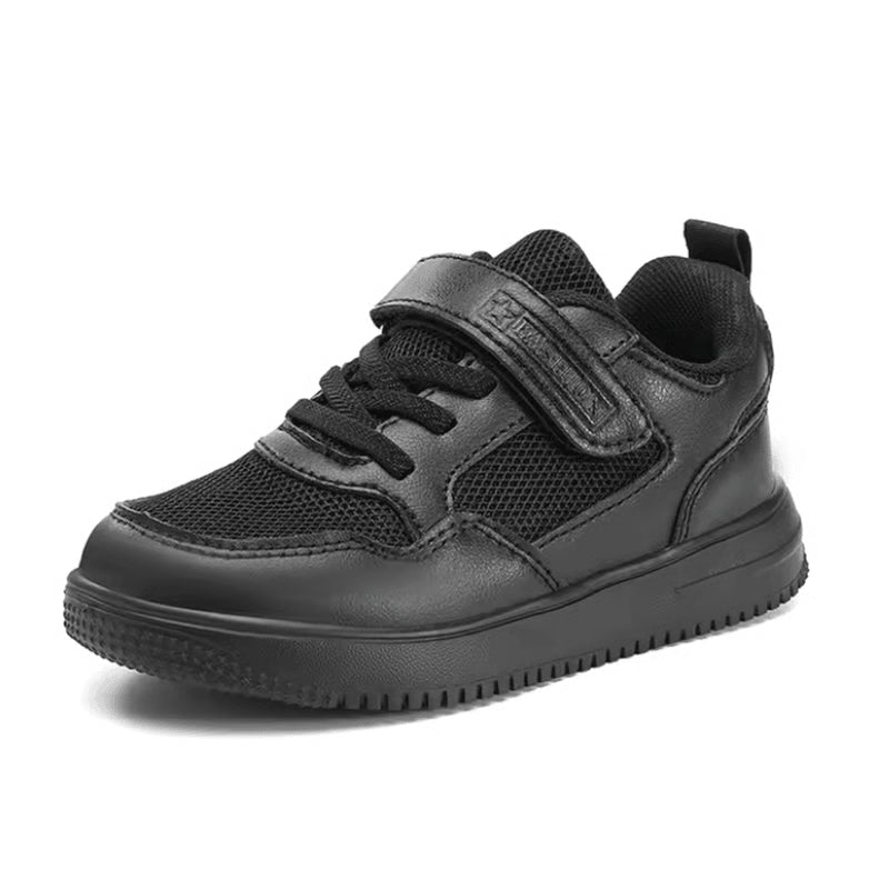 Kids Black Leather Lightweight NonSlip Sneakers