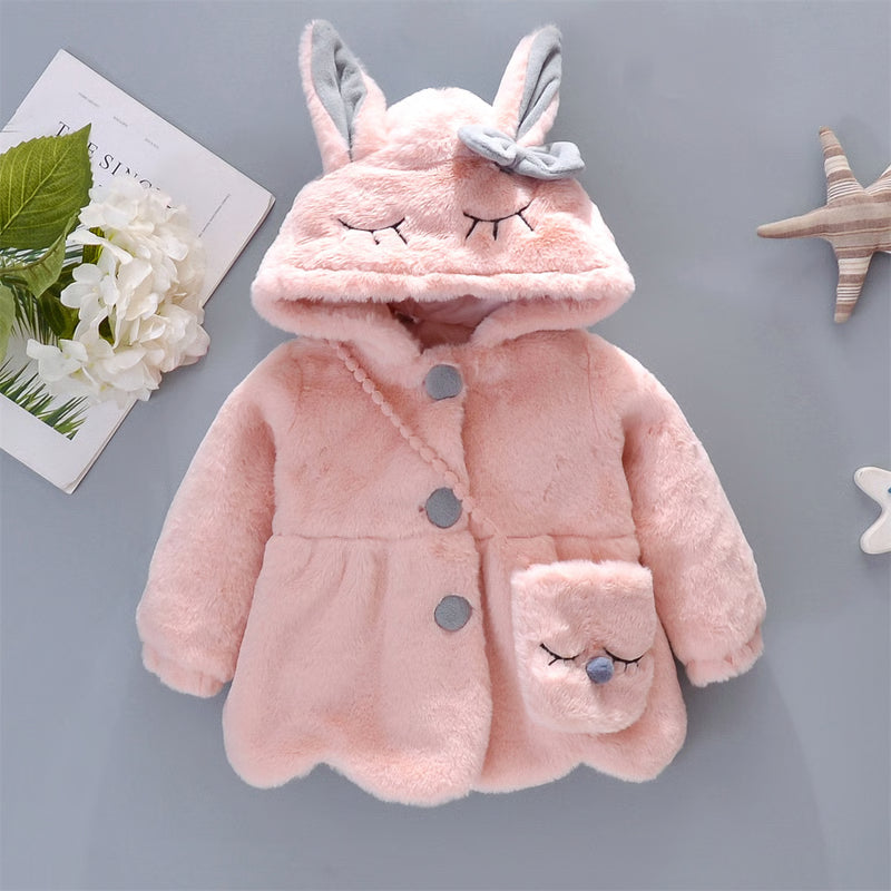 Baby Girl Clothes Long Sleeve Set, Cute Rabbit Hoodie Jacket, Winter Plush Bow Outfit Kids Clothes with Bag
