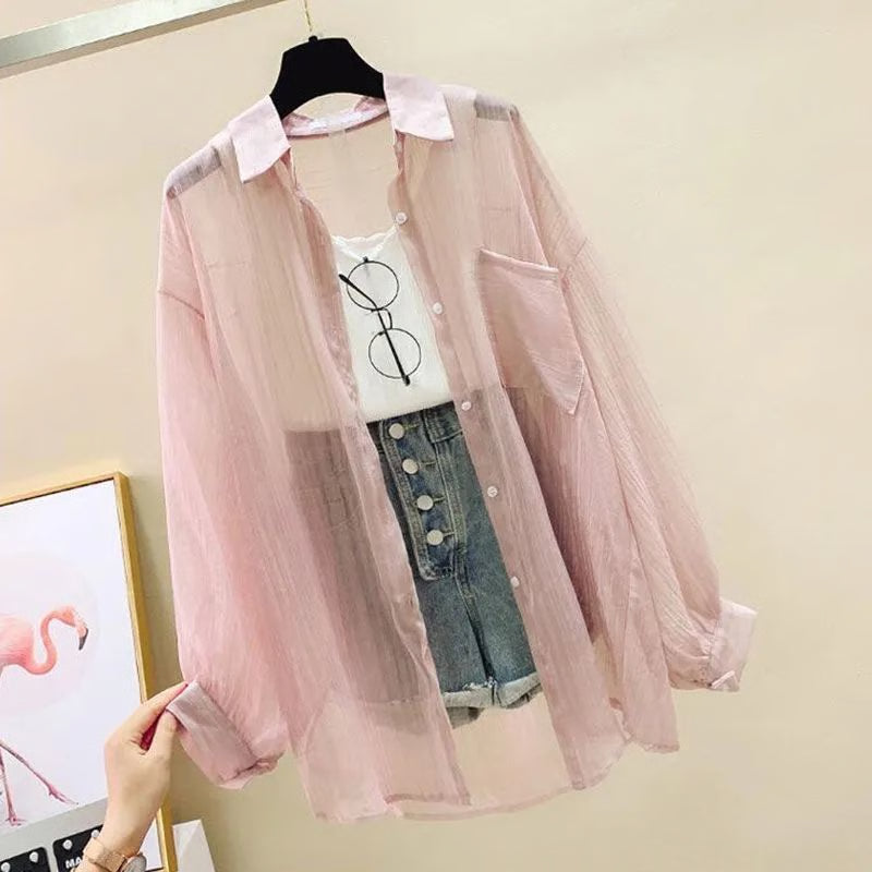 Elegant Summer Sunscreen Shirt , Thin Chiffon Blouse, Korean Harajuku See-Through Loose Top for Women