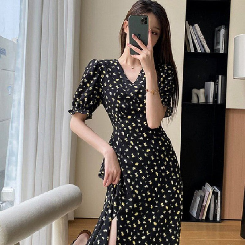 Floral Elegant Summer Dress for Women, V-Neck Side-Slit Dress, Korean Harajuku Streetwear for Holiday & Leisure Chic