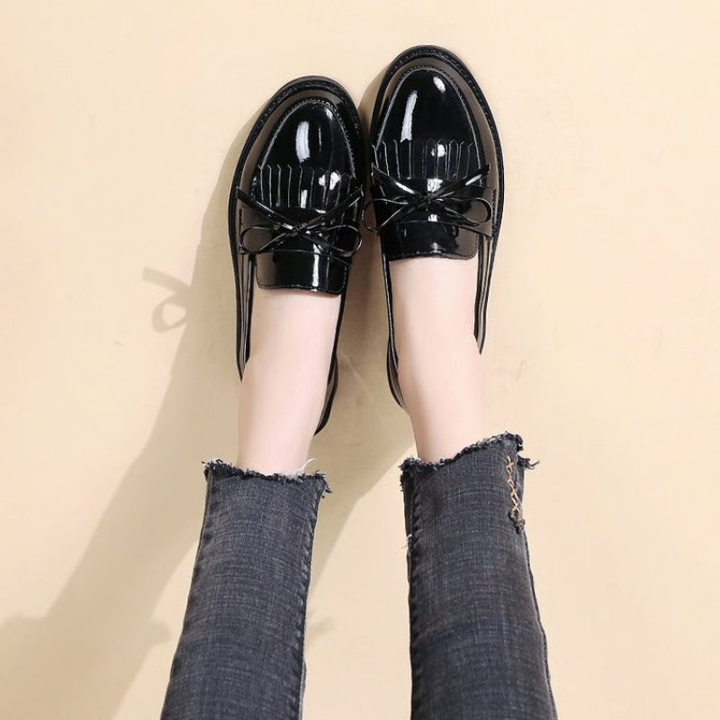 Patent Leather Womens Loafers, Stylish Tassel Flats, Comfortable Bowknot Small Leather Shoes, Casual British Female Shoe